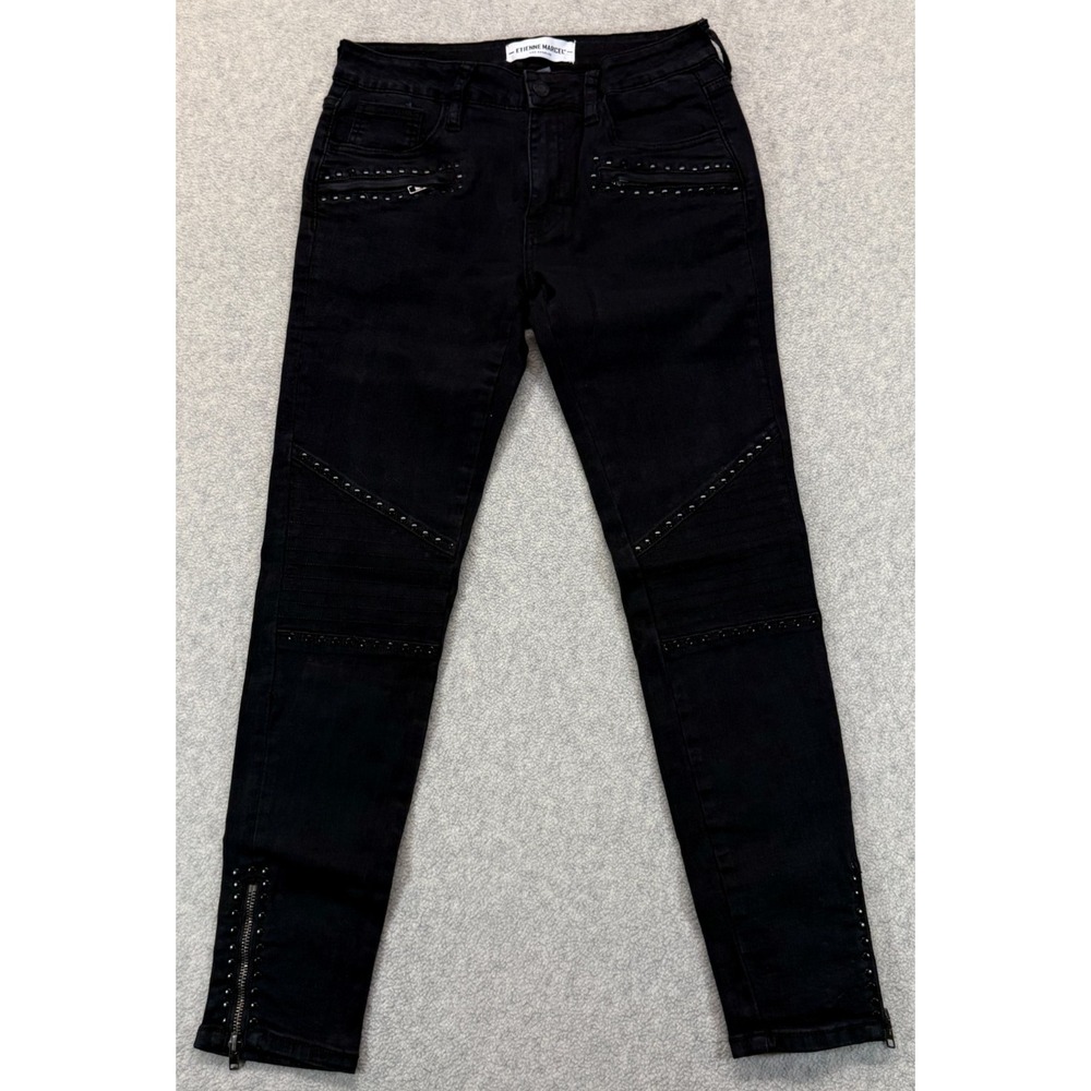 Etienne Marcel Womens Moto Skinny Jeans Black Denim Studded Ankle Zip Stretch 28